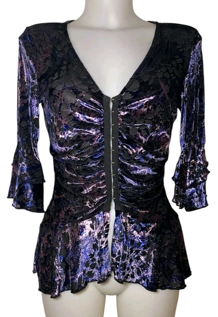 Y2k 90s Womens Victorian Purple Velvet Burnout Corset Ruffle Whimsigoth Top Sz M