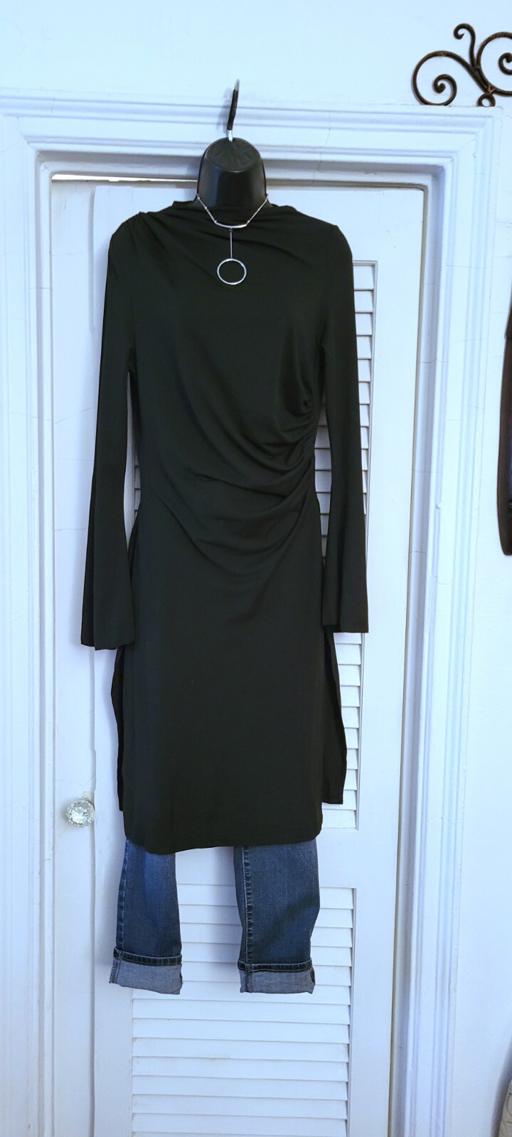 Women’s Black Drawstring Side Style Flounce Long Sleeve Split Thigh Shirt Top L