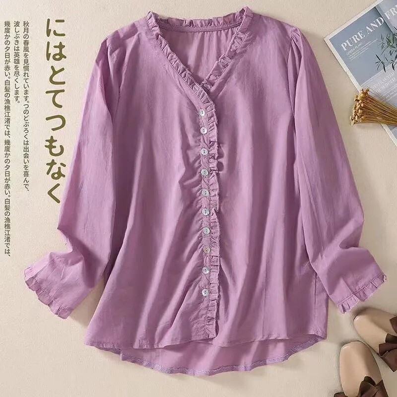 Women’s New Spring Loose V-Neck Wrinkled Sexy Shirt Long-Sleeved Comfortable Top