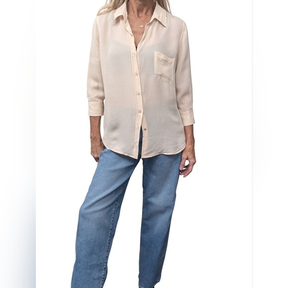 L’AGENCE 100% Silk Button Down Shirt Cream Pocket Relaxed Blouse Women’s S