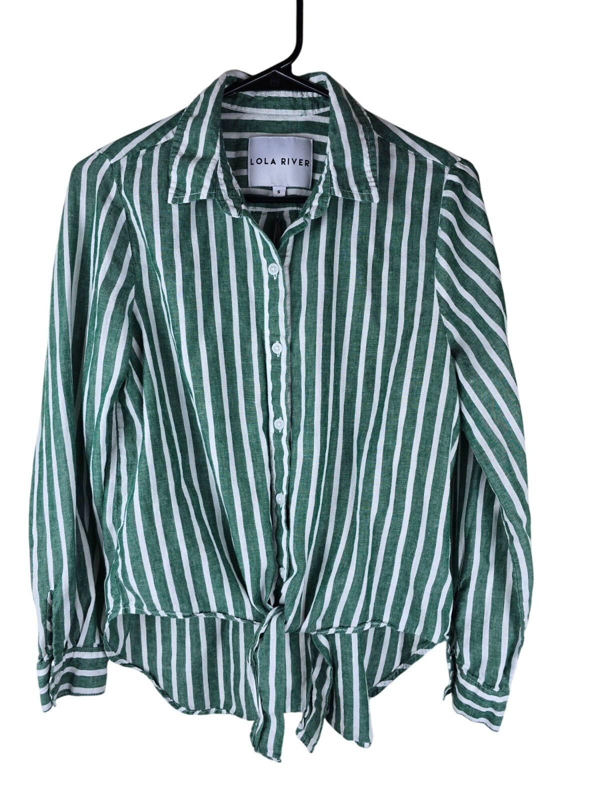 LOLA RIVER Striped Shirt Womens Sz S Green White Button Up Tie Roll Tab Sleeve