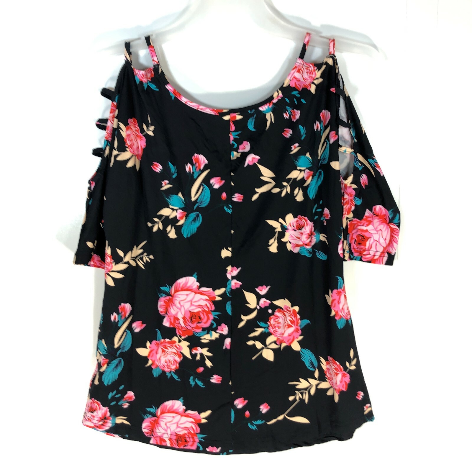 Tickled Teal Top Womens Large Black Navy Floral Shoulder-Cutout Tee Blouse