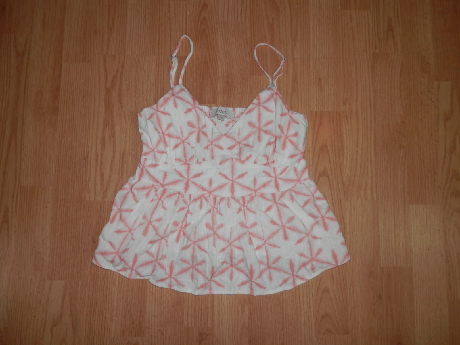 LOFT XS Babydoll Crop Top Star Splotches Artsy Linen Blend Adj Strap Smock 4805