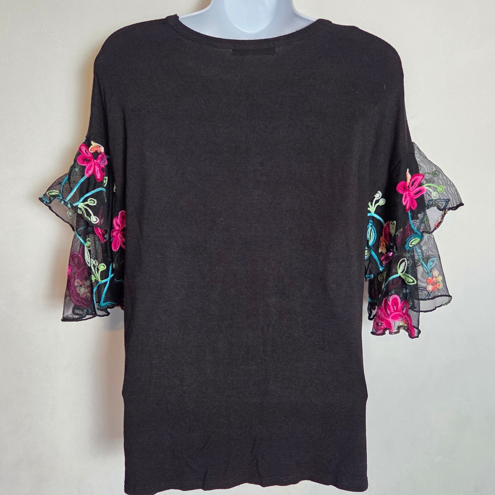 Boho Black Floral Embroidered Top Tiered Ruffle Mesh Statement Bell Sleeve Tee