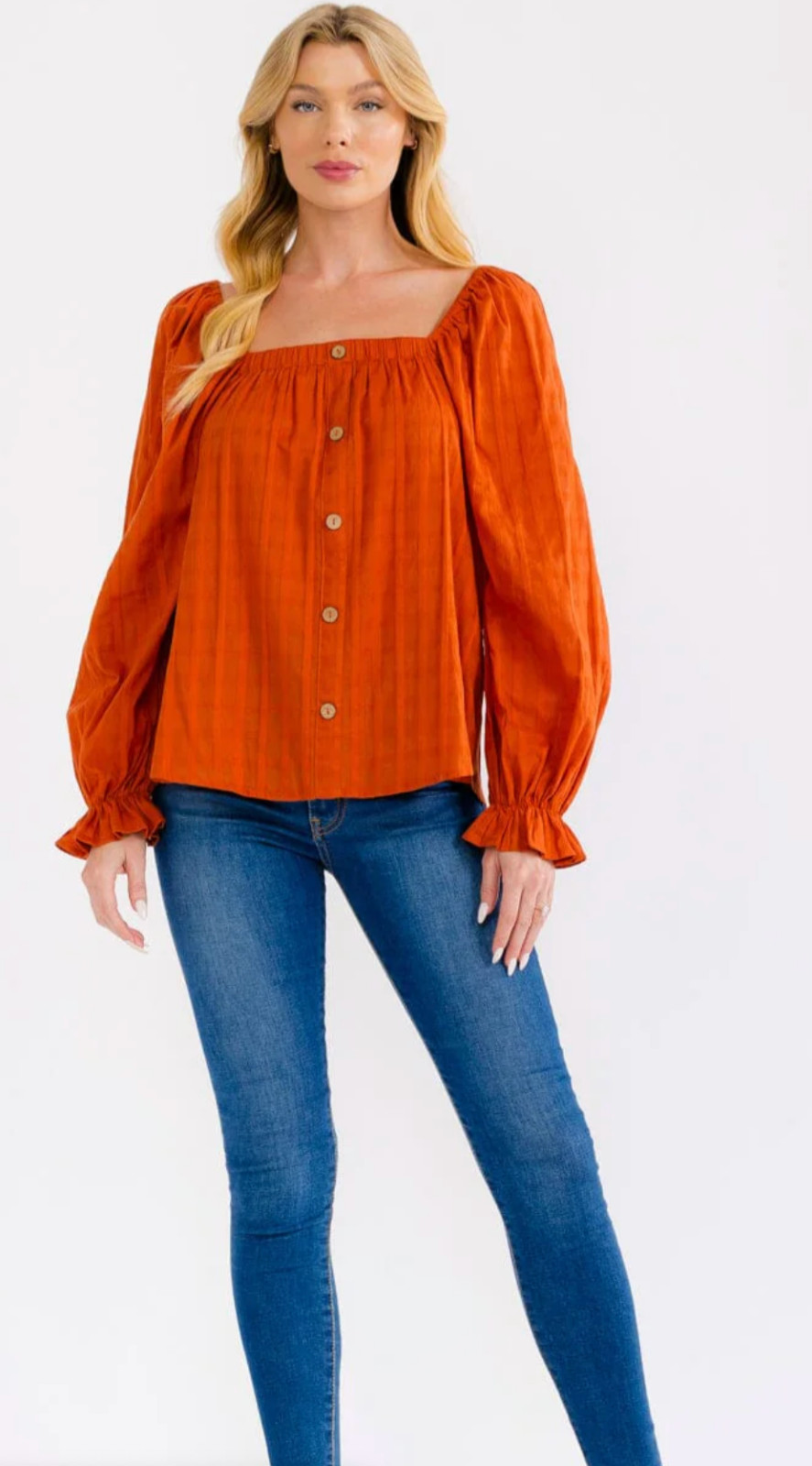 WOMEN’S LONG SLEEVE SQUARE NECK BUTTON DETAILED TUNIC BLOUSE – 60% Cotton 40% Po