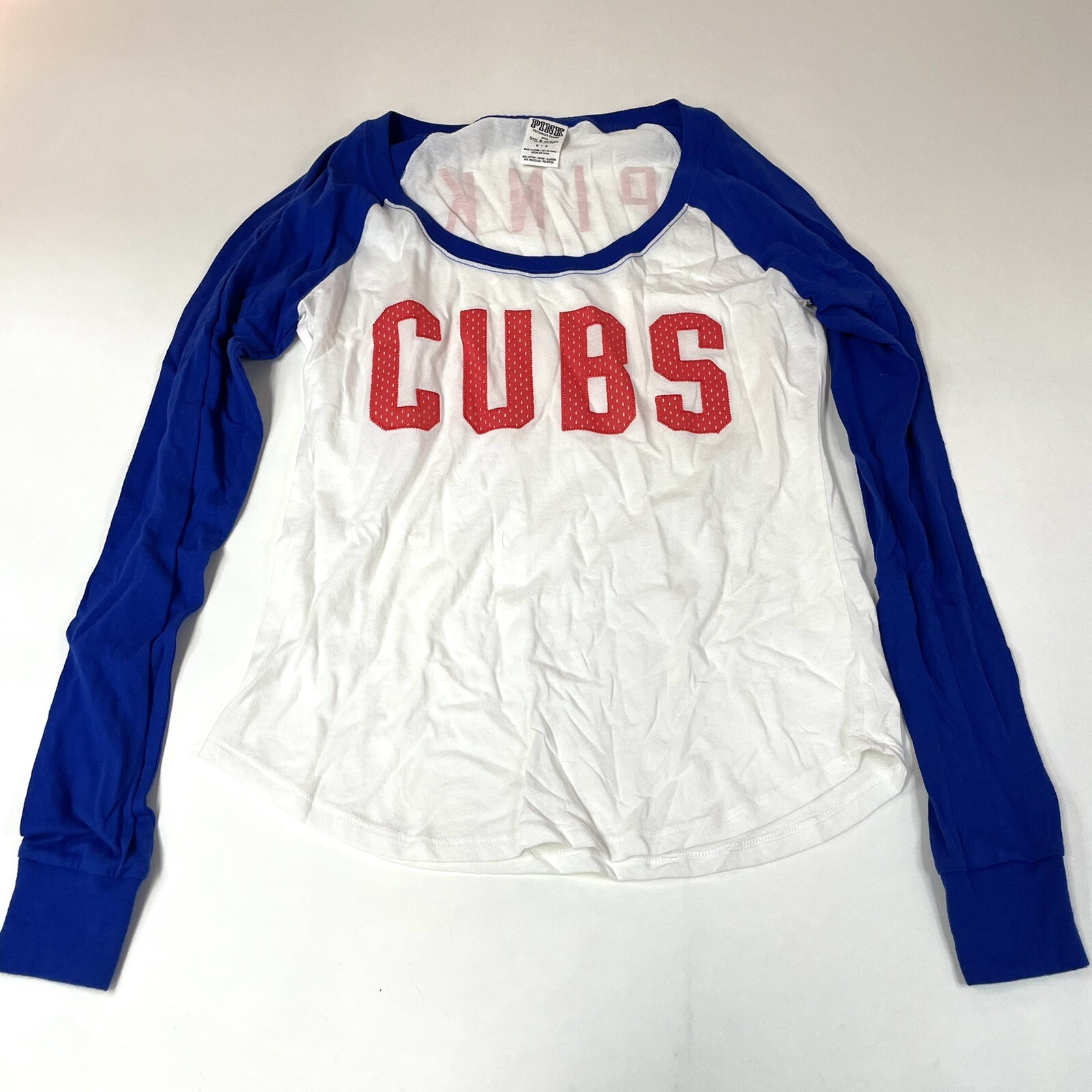 PINK Victorias Secret Baseball Tee Top Shirt Size Small Chicago Cubs White #1008