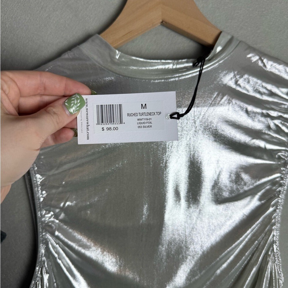 Weworewhat Metallic Silver Ruched Turtleneck Top Tank Festival Women size M NWT
