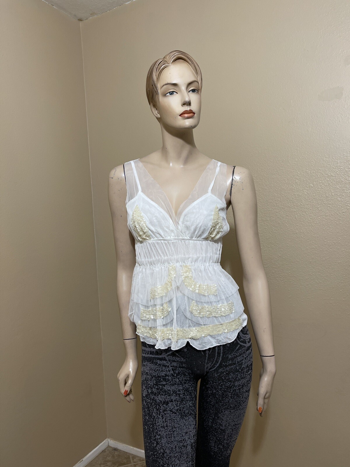 Women’s White Polyester Cocktail Layered Lace Beaded Pleated Size M Blouse Top