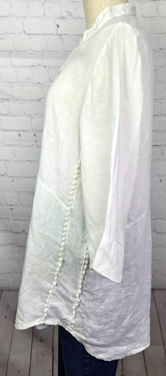 Laura Bianchi Tunic Blouse Coverup Linen Italy Pom Poms Boho Coastal Beachy S