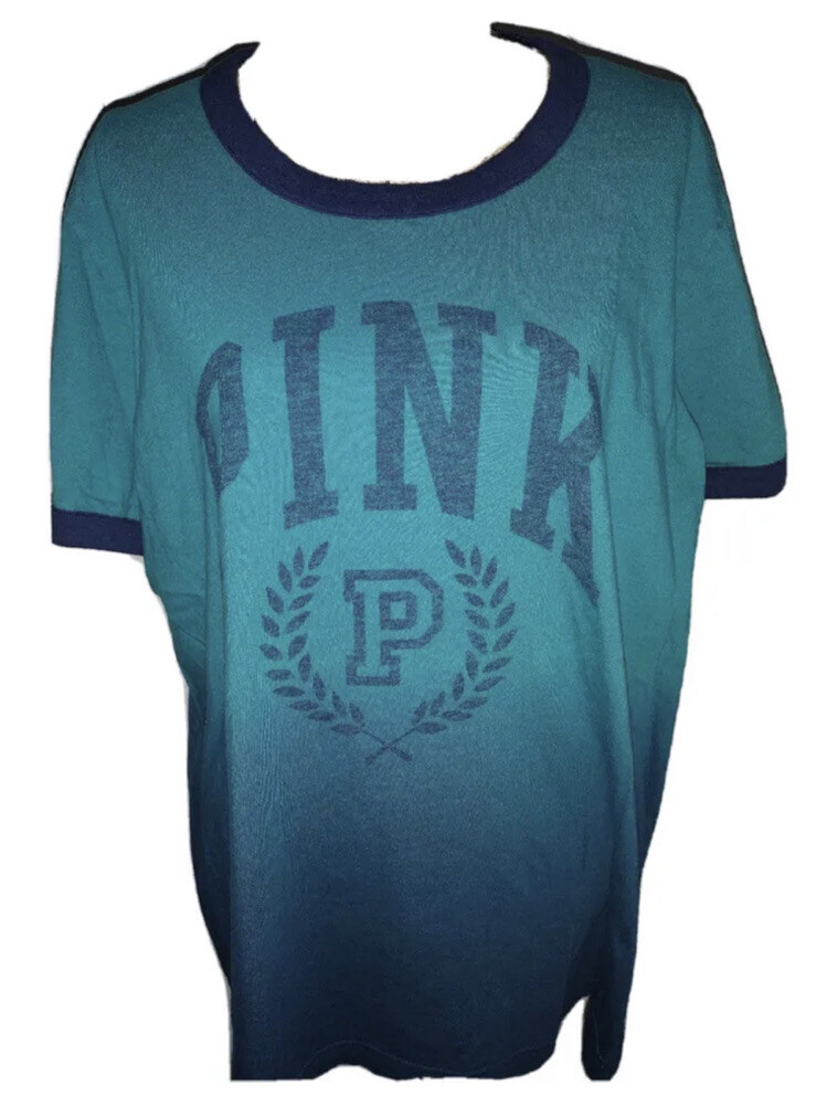 VS VICTORIAS SECRET PINK CAMPUS SHORT SLEEVE TEE TOP DEEP LAKE DIP DYE XXL