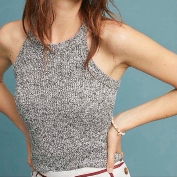 Anthropologie Maeve High Neck Stretch Gray Marled Cropped Tank Top Size SMALL