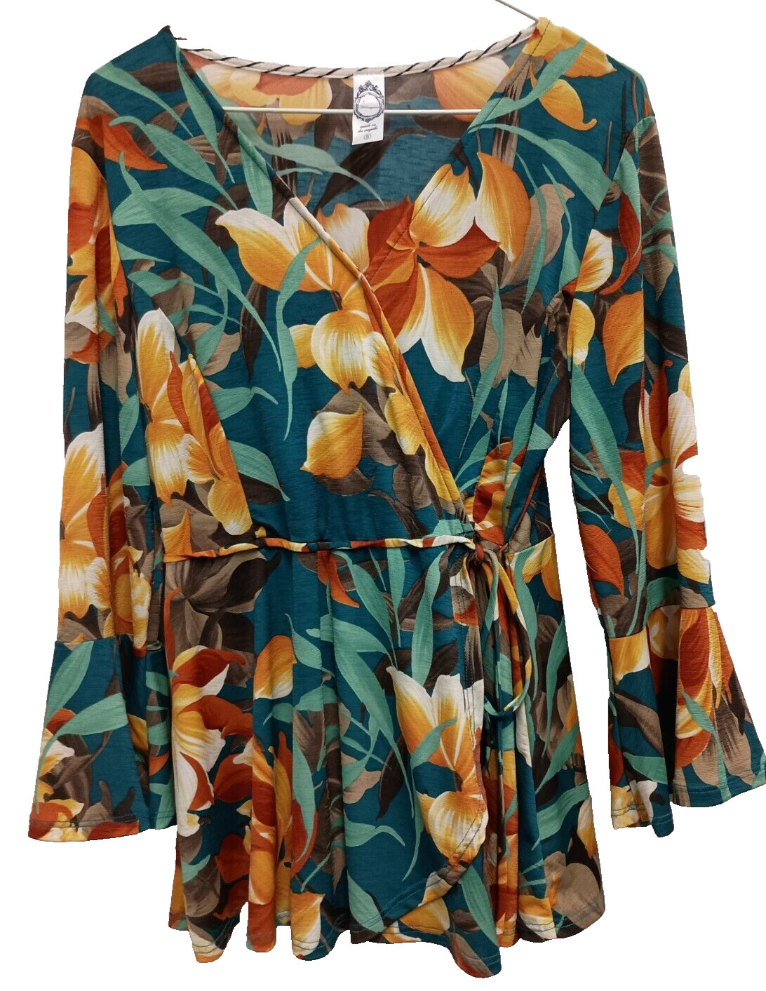 Honeyme BOHO Top Womens Small Teal Floral Faux Wrap Bell Sleeve Cottagecore