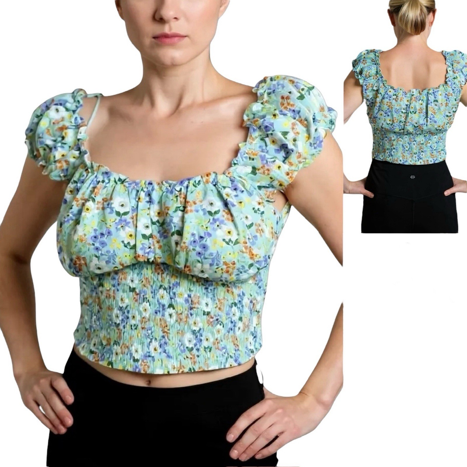 MINE Peasant Crop Top Size Large Blue Floral Smocked Shirred Ruffle Cap Sleeve