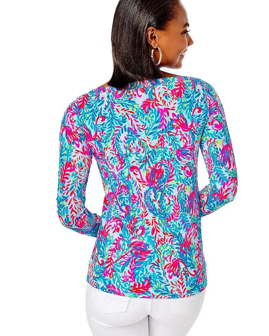 Lilly Pulitzer Aleah Top Long Sleeve Surf Blue Flim Flam SZ XL