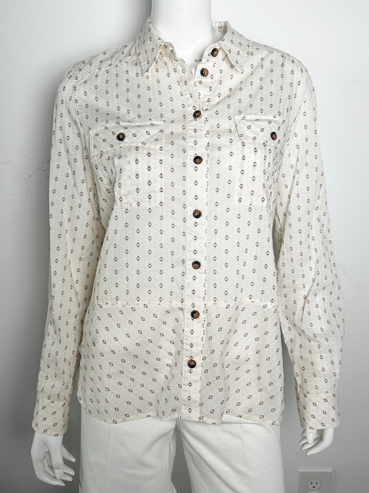 Billy Reid Printed Button Up Top White Cotton Size Medium