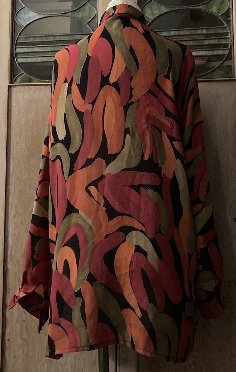 Thelma Fewo Paris Crepe Silk Semi-Sheer Blouson Shirt T-2 (S) Abstract MOD EUC
