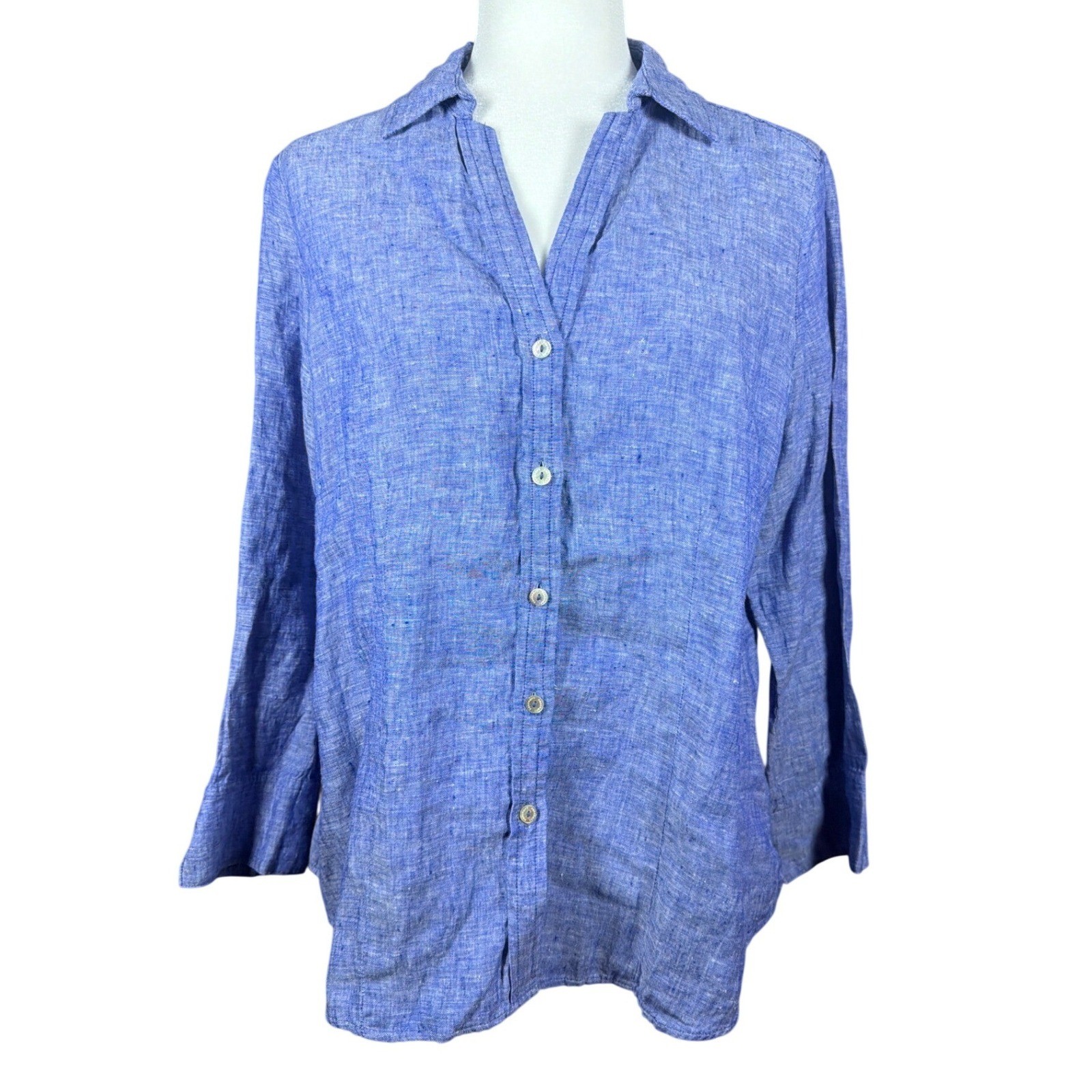 Foxcroft NYC Womens Blue 100% Linen Button Down Long Sleeve Shirt Size Medium