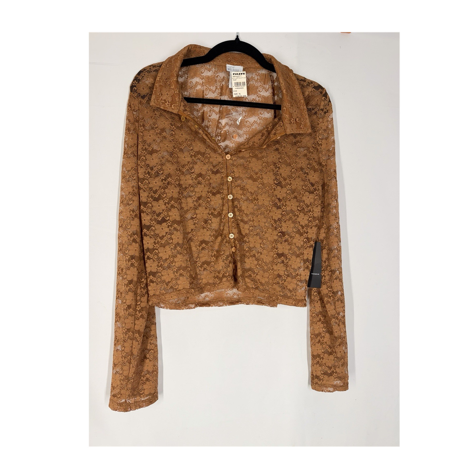 West of Melrose Floral Lace Collared Long Sleeve Button-Up Top Rust XL