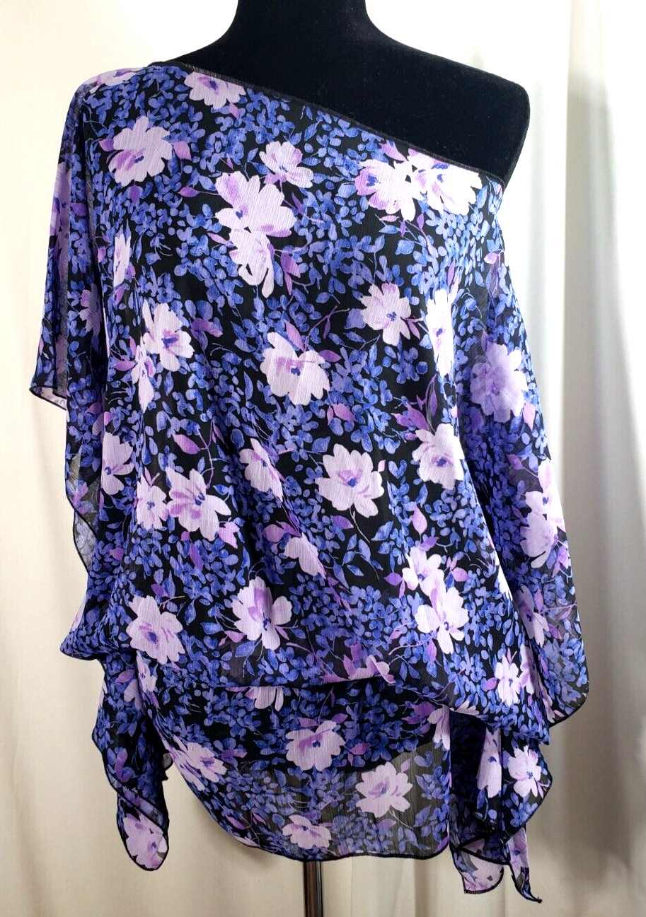Plus size poncho style top/tunic, blue/purple, elastic at hip, 1X-2X