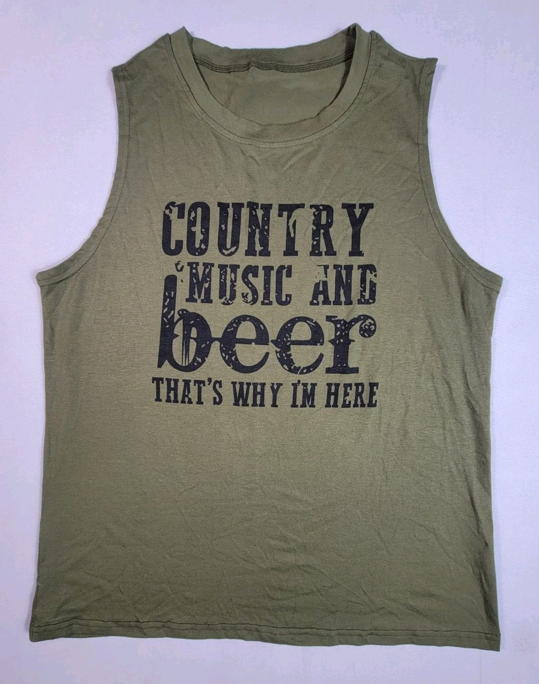 Country Music And Beer Thats Why Im Here Tank Top Womens Size XL Army Green