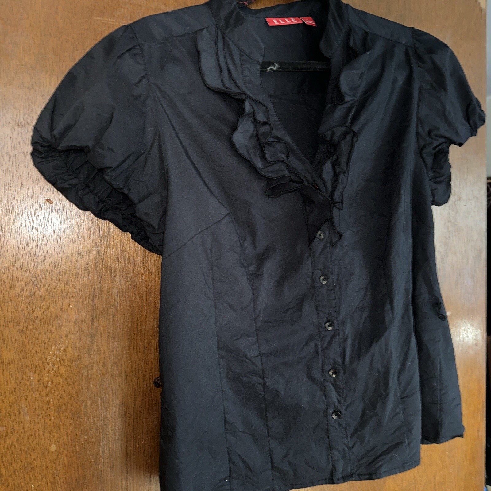 Elle Blouse Womens Large Black Short Sleeve Waist Top No Belt