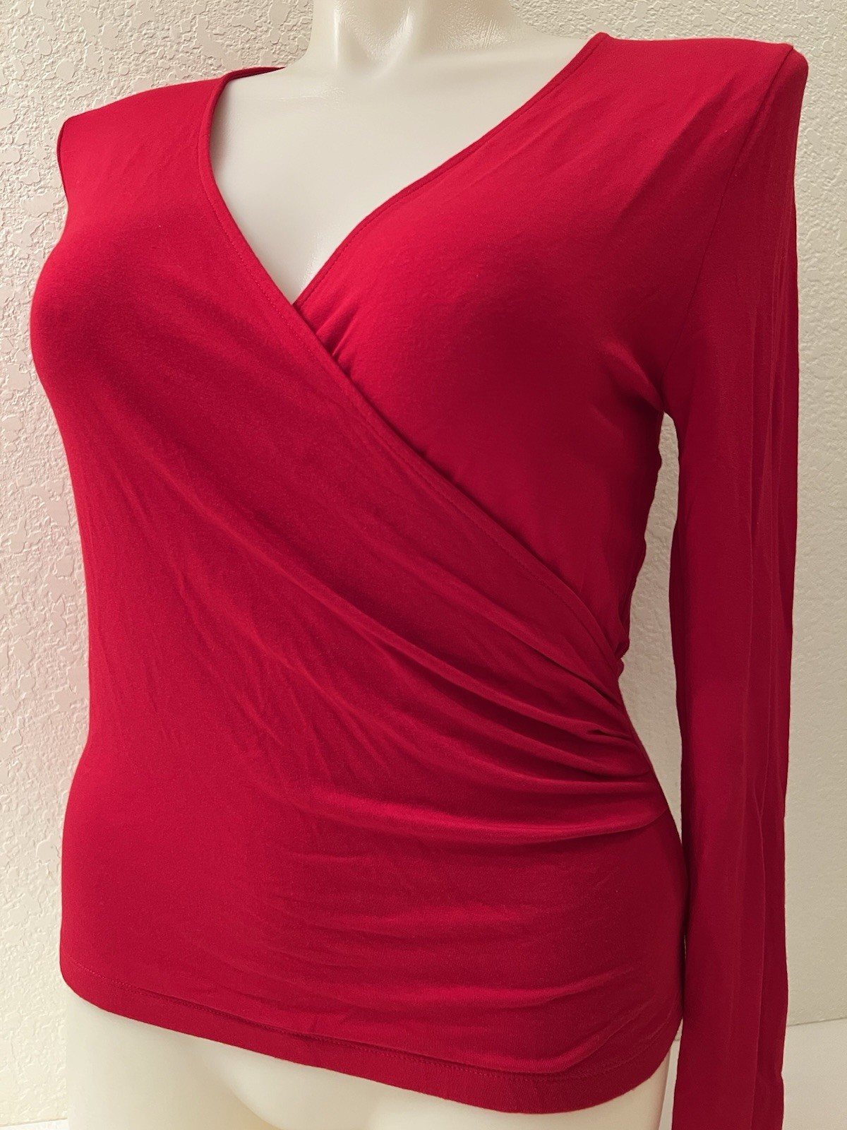 Ralph Lauren Jersey Knit Top L Surplice V-Neck Ruched Waist Long Sleeve Rayon