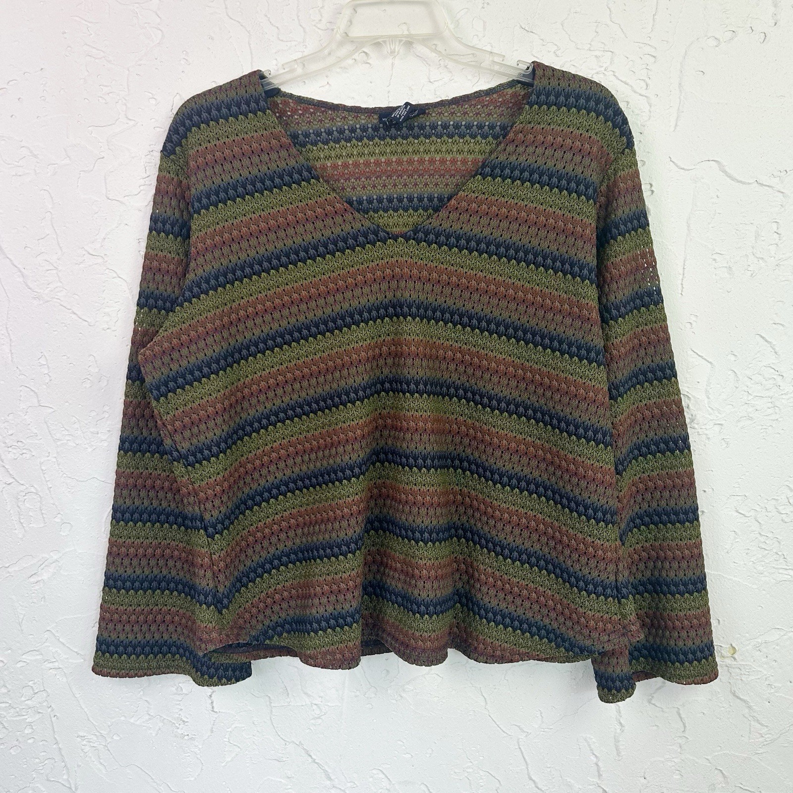 Vintage 90s Y2K Blue Green Earth Tones Striped V-neck Bell Sleeve Top Size 26/28