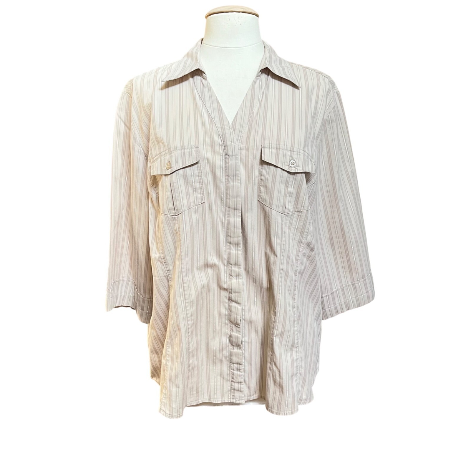 DCC Woman Stretch Beige Striped Button Up Shirt 3/4 Sleeves Pockets Size 1X