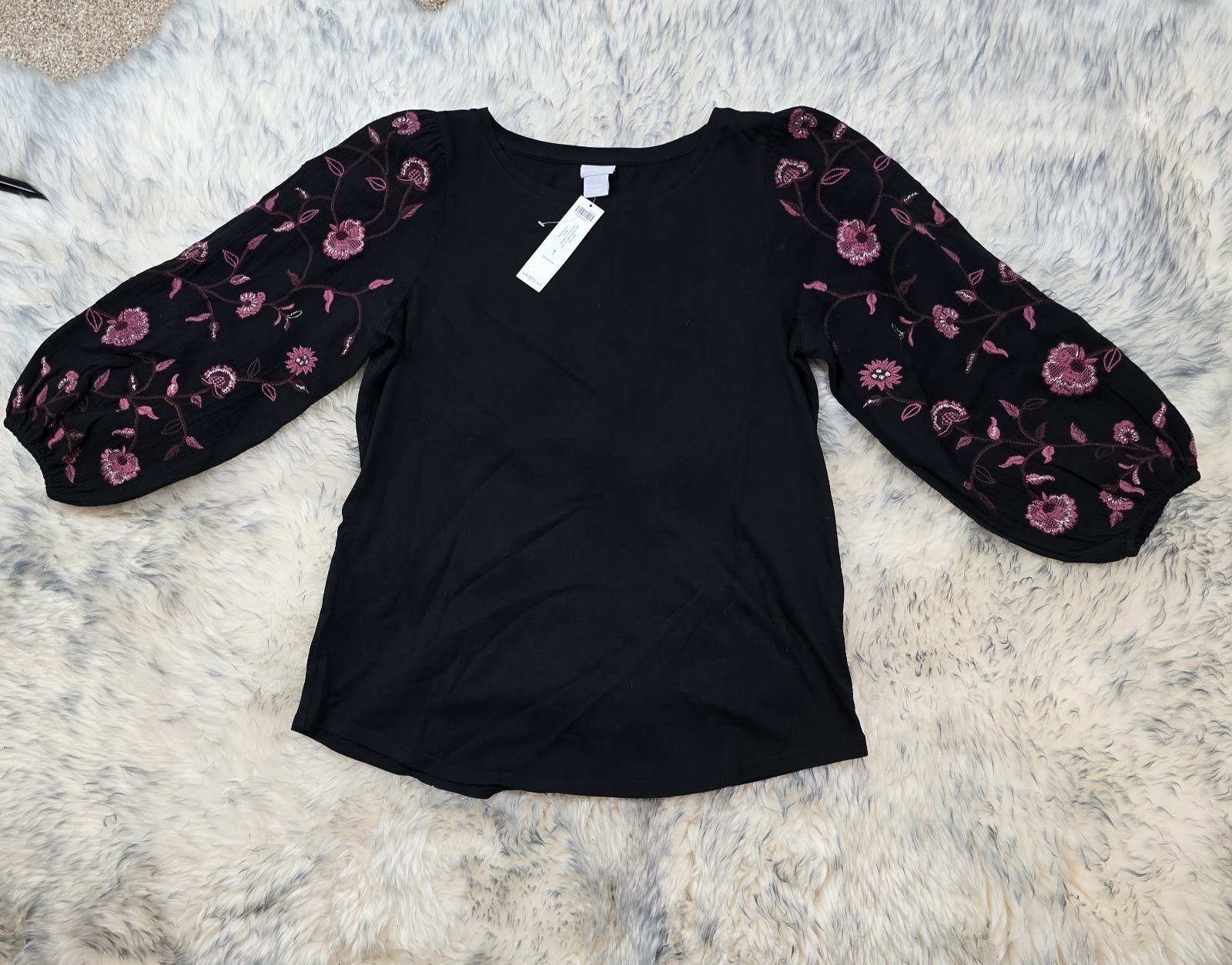 NWT CHICO’S JERSEY TOP WITH WOVEN EMBROIDED3/4 SLEEVES BLACK/ MULTI Sz 1 US M