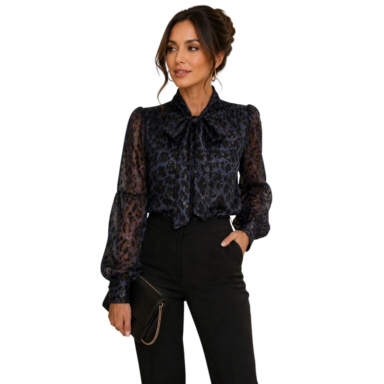 Kate Spade “Wild Ones” Clip Dot Leopard Blouse Silk Metallic Neck Bow Large