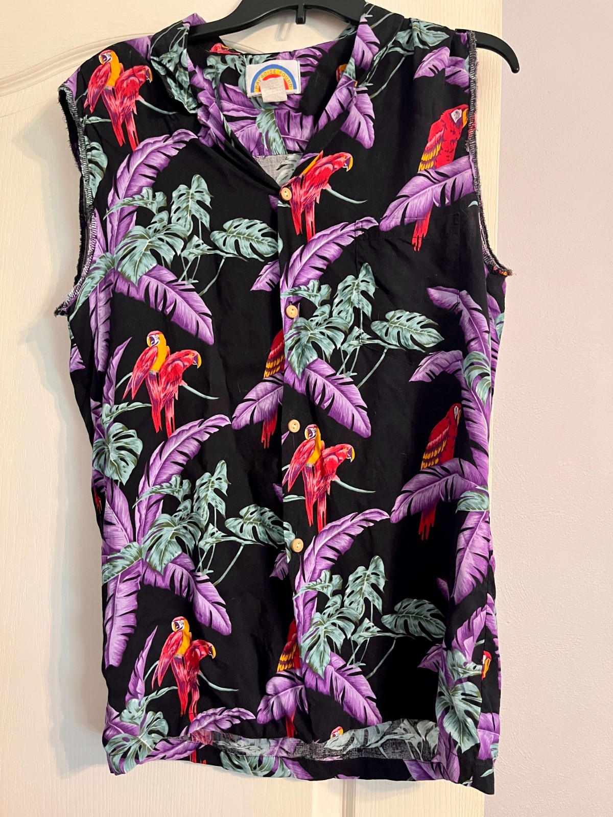 Paradise Found Hawaii Vintage Sleeveless Parrot Tropical Shirt Rayon Made USA