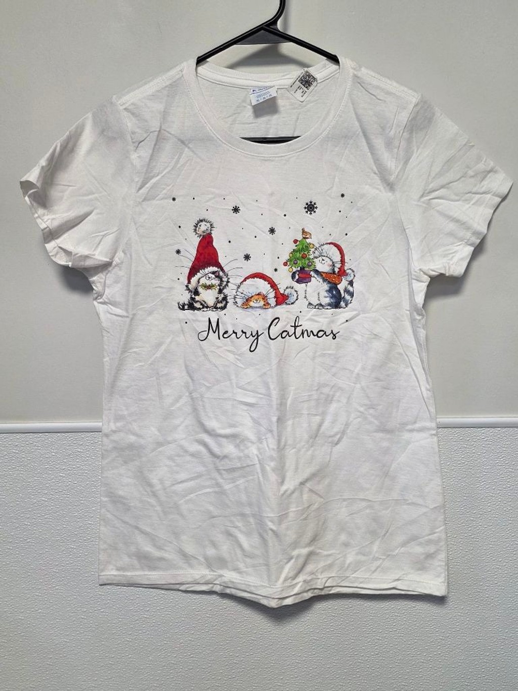 Women’s Port & Company White Red Merry Catmas Short Sleeve Tee M