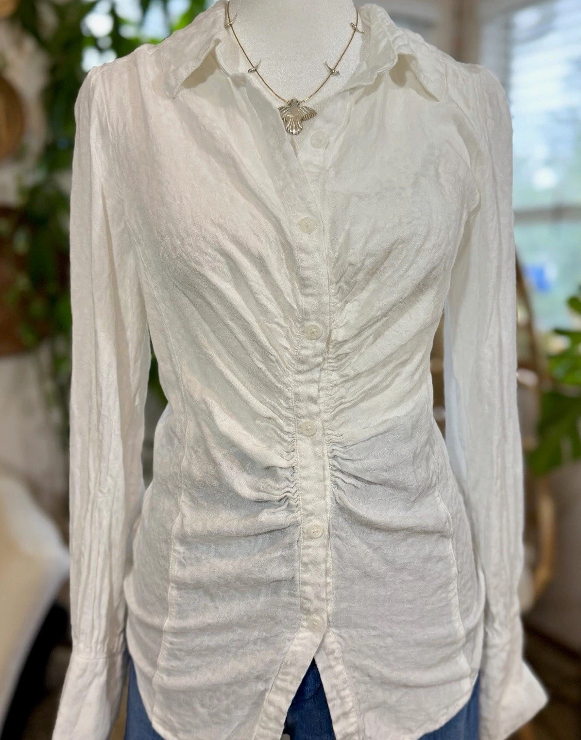 Free People Artsy Ruched Button Front Blouse White Boho Peasant Top Medium