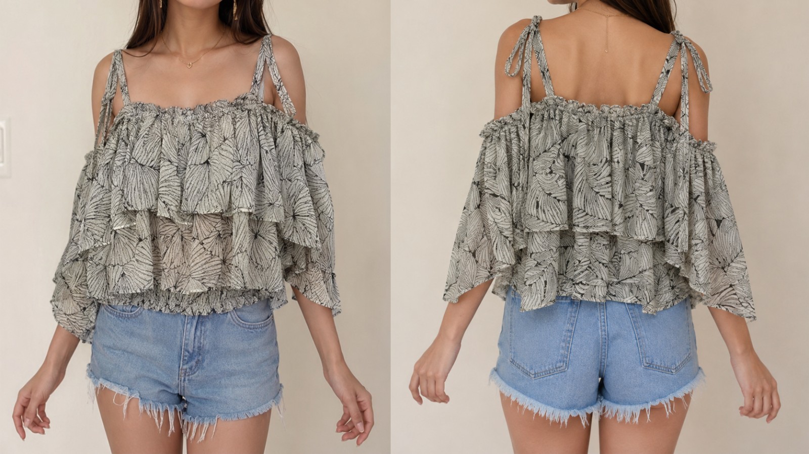 Lena Women Leaf Print Tiered Ruffle Tie Shoulder Smocked Camisole Top Romantic