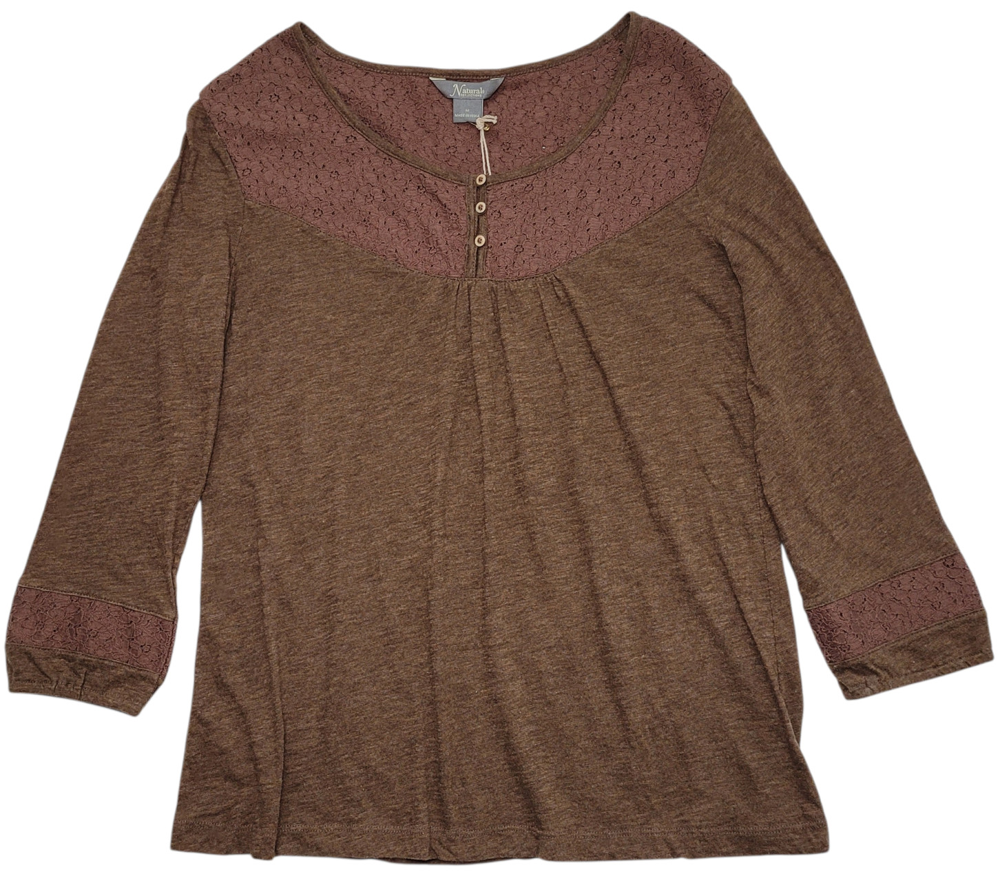 Natural Reflections Lace Trim Henley Blouse Womens Medium Brown Cottagecore Boho