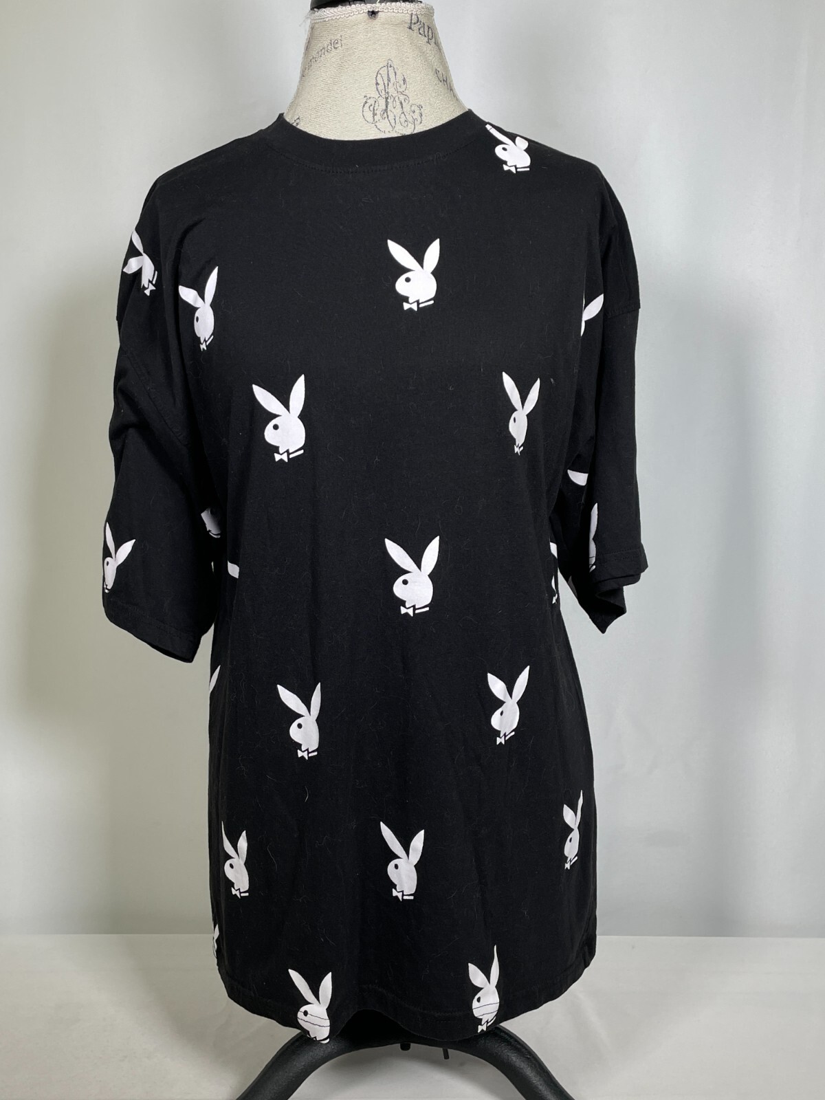 Playboy X Missguided Crew Neck Bunny All Over Print Black T-Shirt Women’s Sz 8