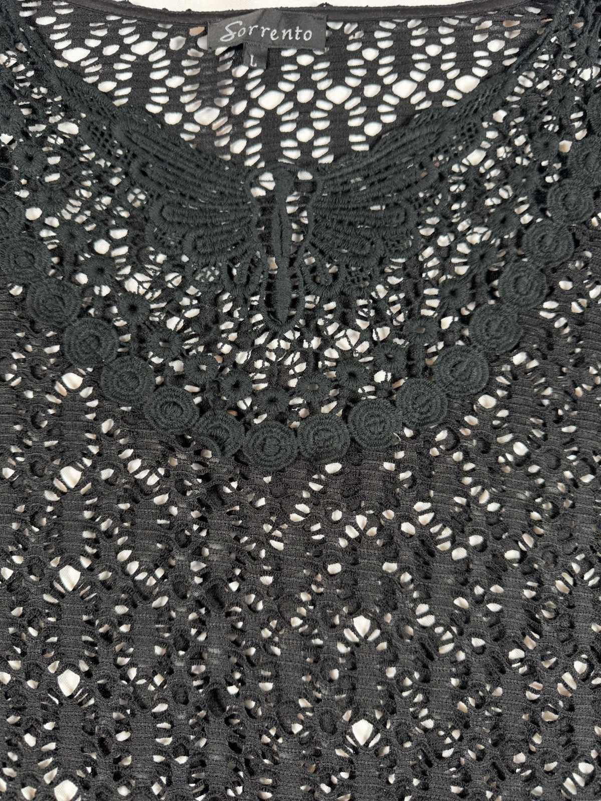 Sorrento Black Lace Crochet Sheer Round Neck Pullover Top 3/4 Sleeve L
