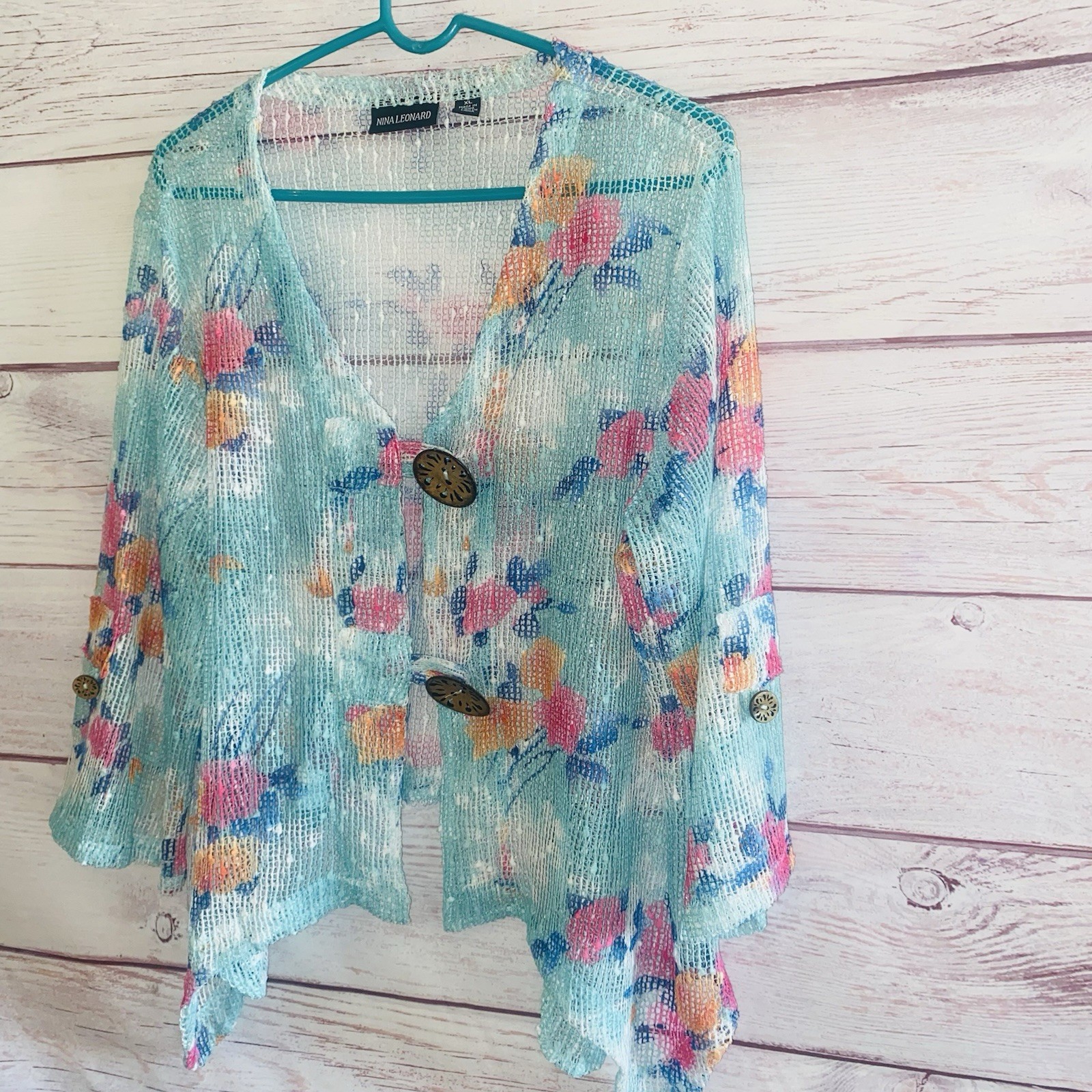 2 Nina Leonard XL Floral Open Knit Cardigans Sheer Bell Sleeve Cover Ups B47