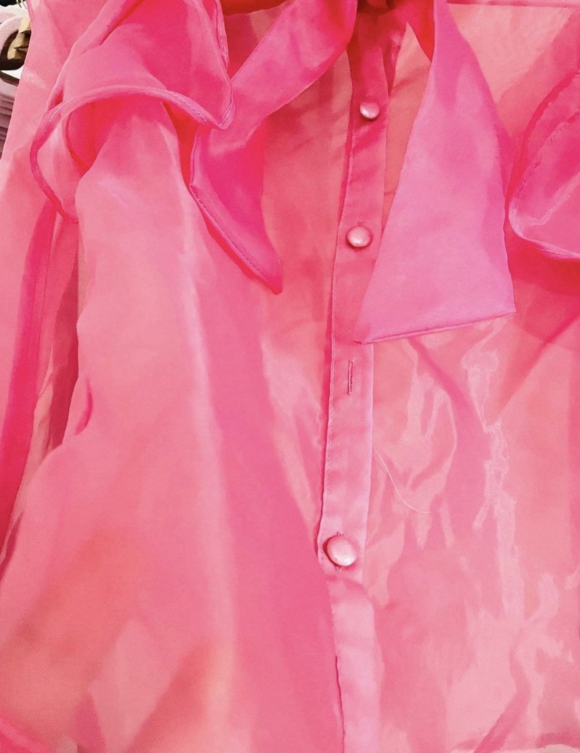 Pink Chiffon Ruffle Bow Neck Long Sleeve Blouse Button Accent Women Party