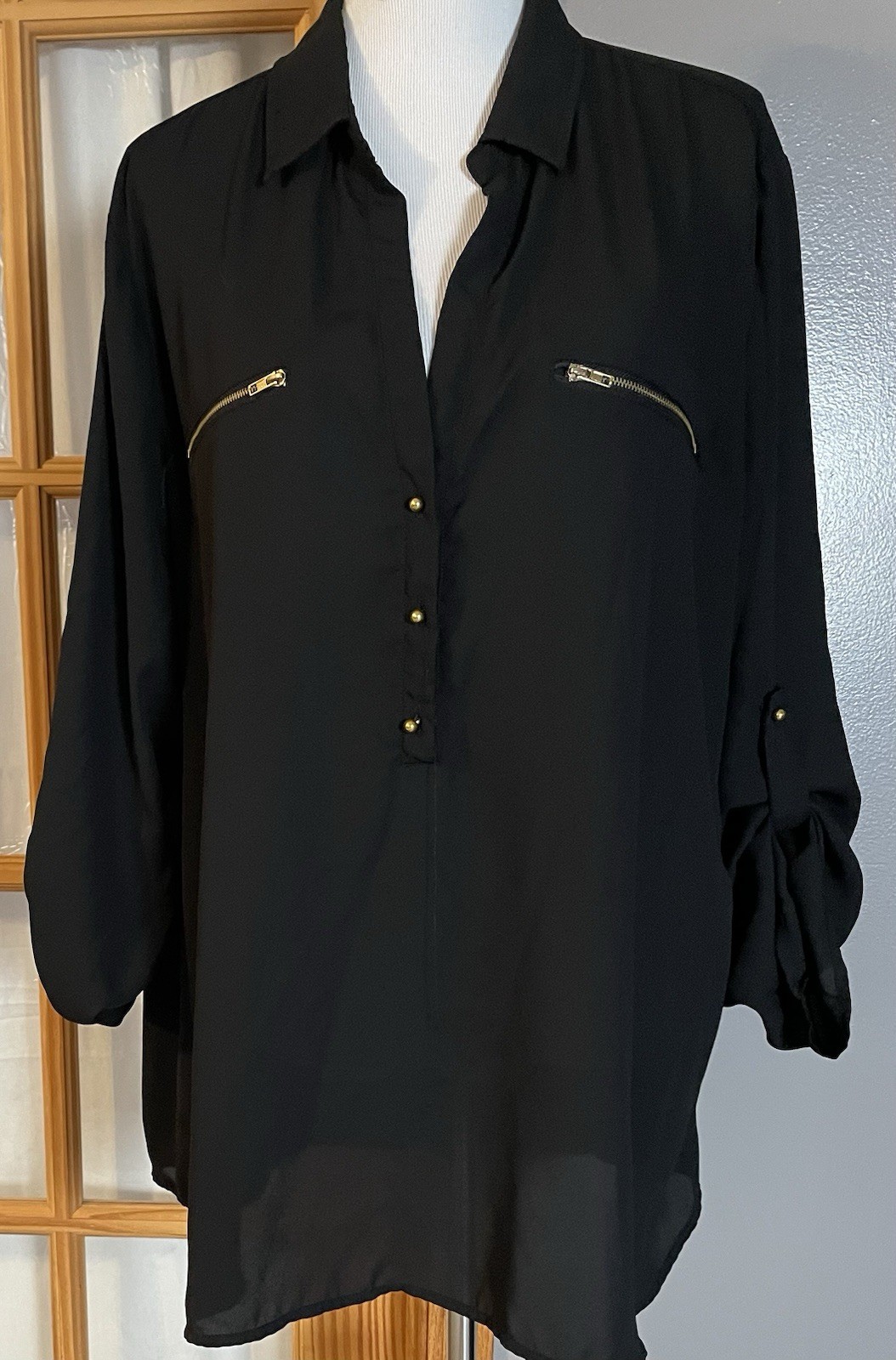 Y2K Rue+ Pullover Blouse 2X Black Sheer Long Sleeve Zip Pockets Goth