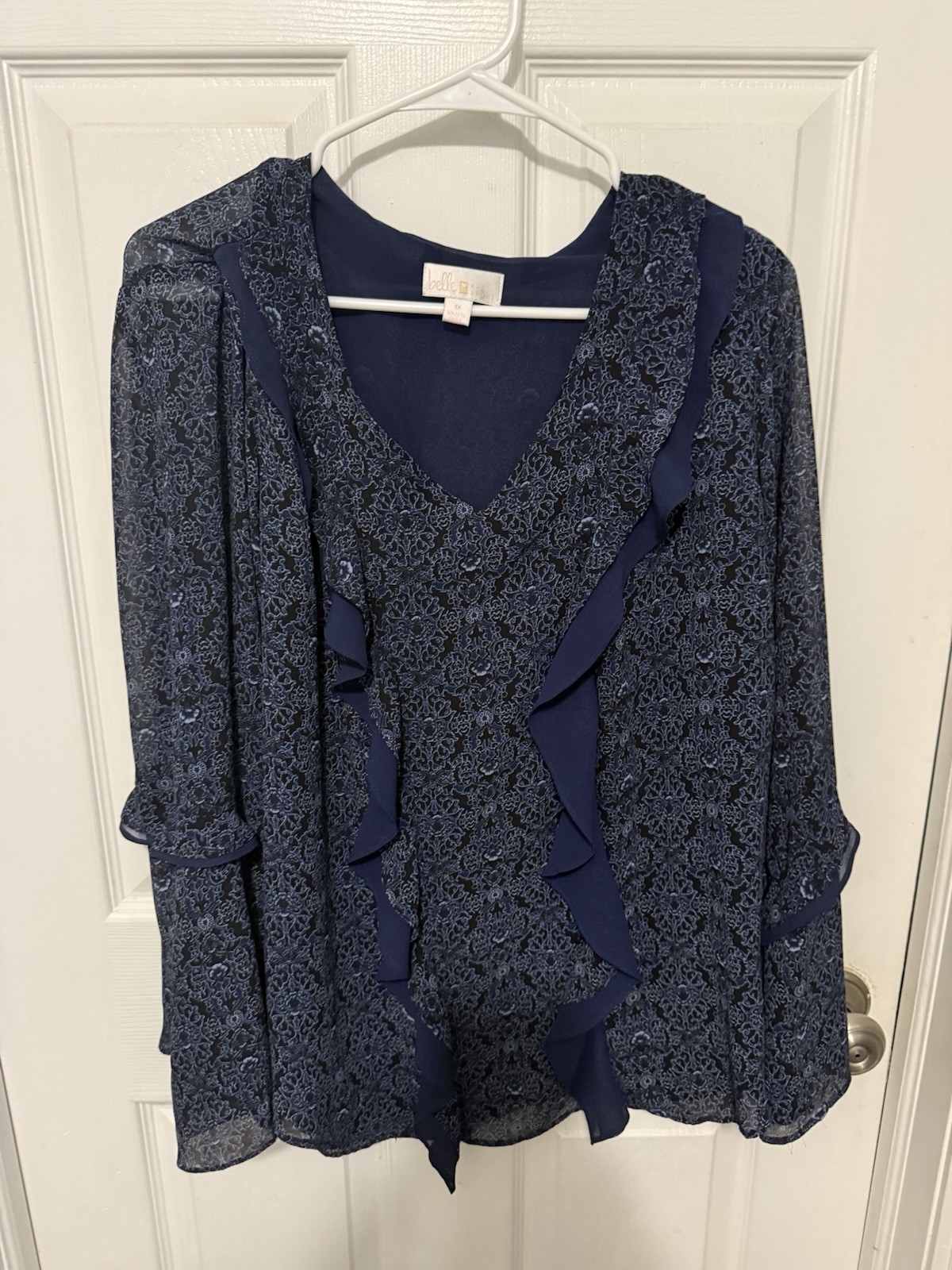 Belle Kim Graver Blouse Blue V-Neck Sheer Ruffle Sz 1X QVC