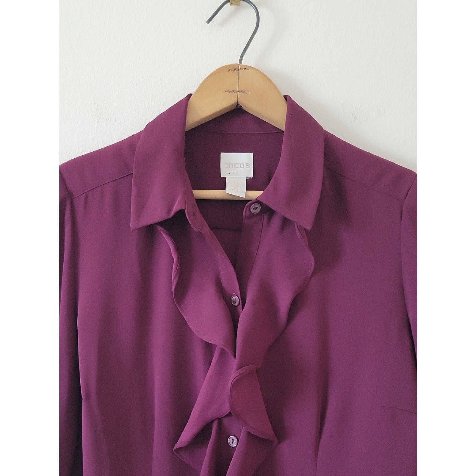 Chico’s Deep Wine Ruffle Front Button Down Shirt Size Small