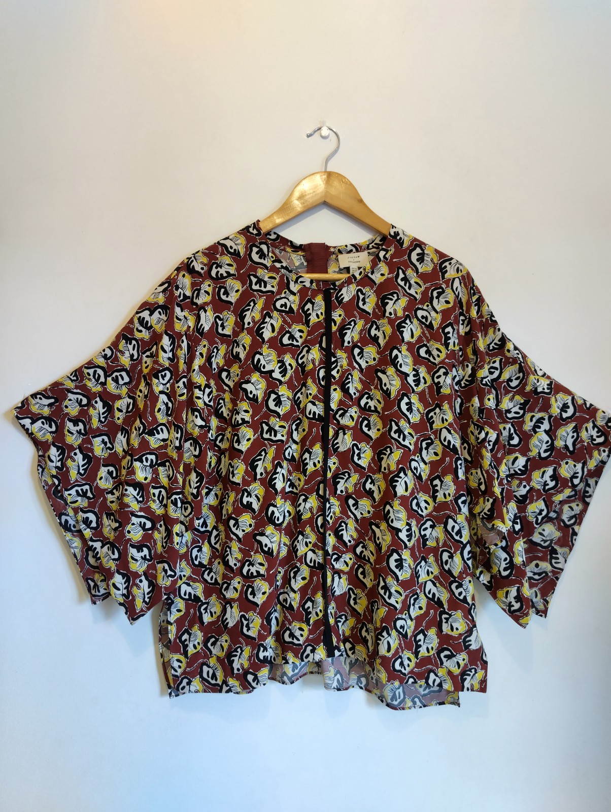 Jigsaw X Collagerie Top Size 16 Brown Multi Leaf Pattern Kimono Sleeves