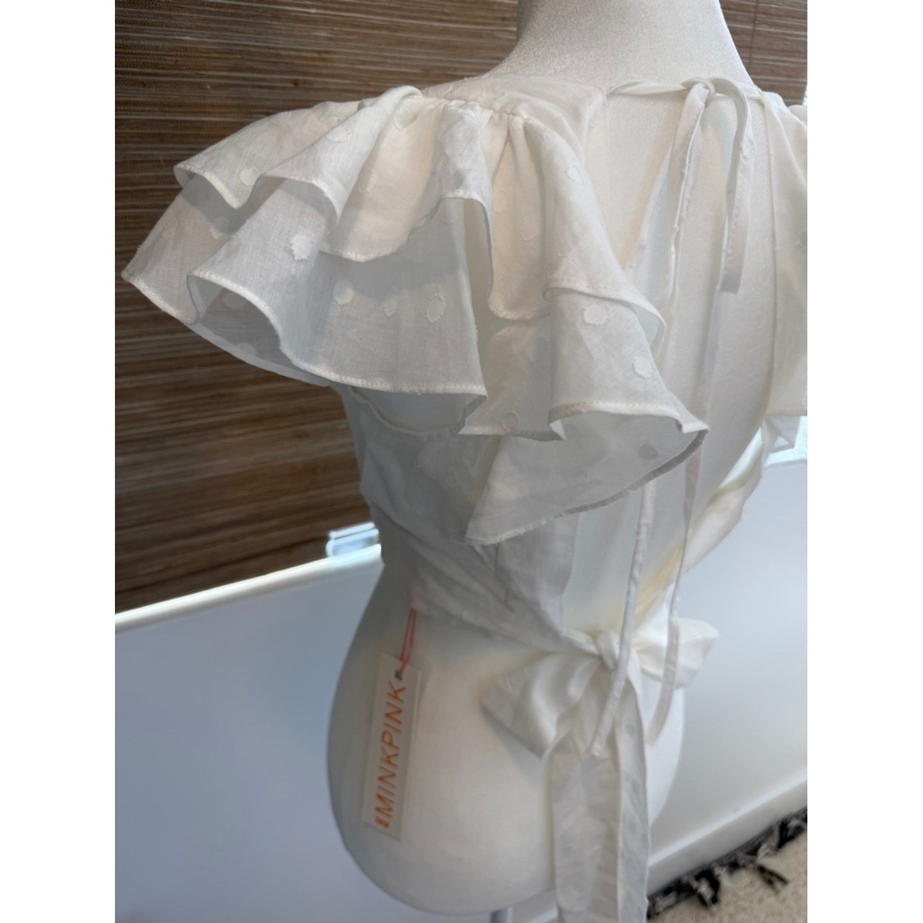 MinkPink White Flutter Sleeve Square NeckPolka Dot Crop Top- S