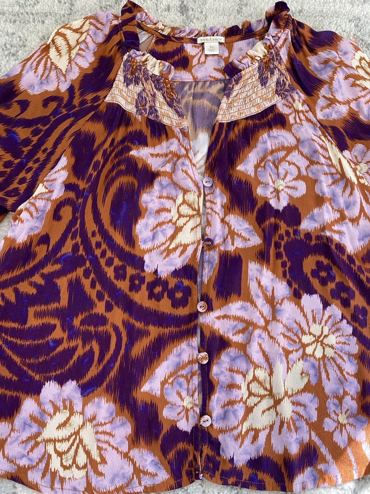 Sundance Button Floral Blouse Boho Hippie Loose Fit Purple 3/4 Sleeve Women’s XS