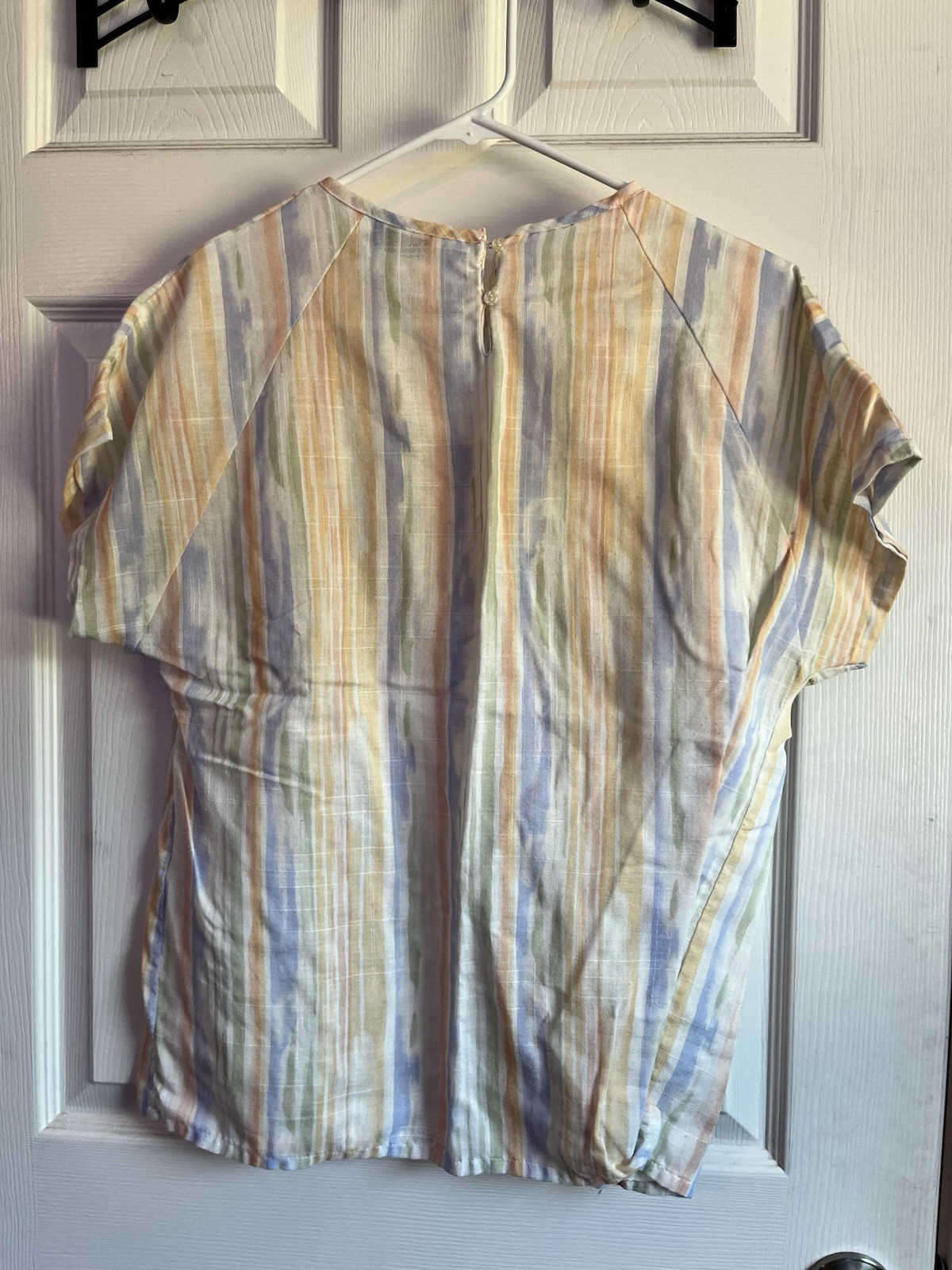 Apostrophe Woven Linen Striped Multicolor Crew Neck Short Sleeve Blouse M