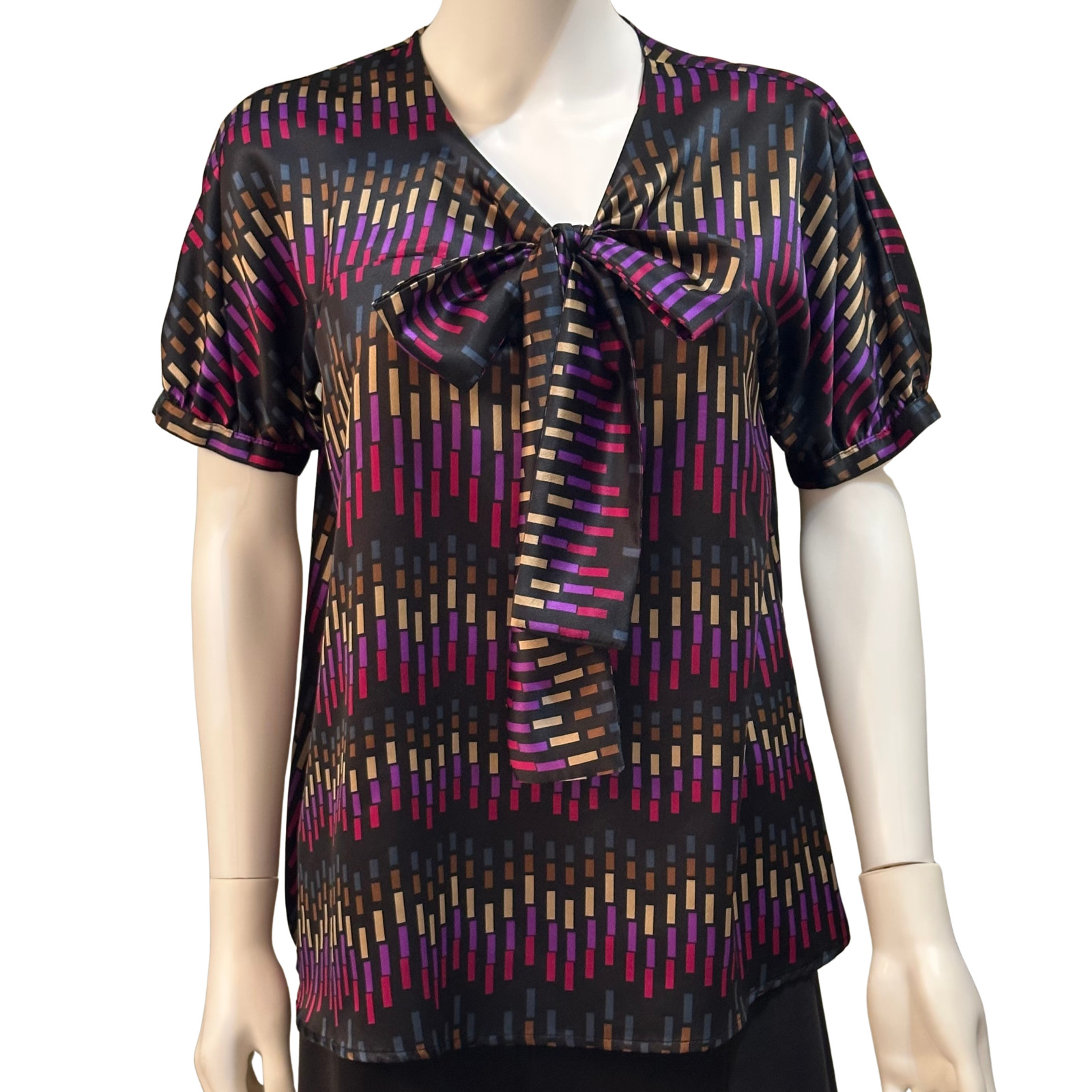 Worthington M Multicolor Geometric Vertical Print Blouse with Self-Tie Bow