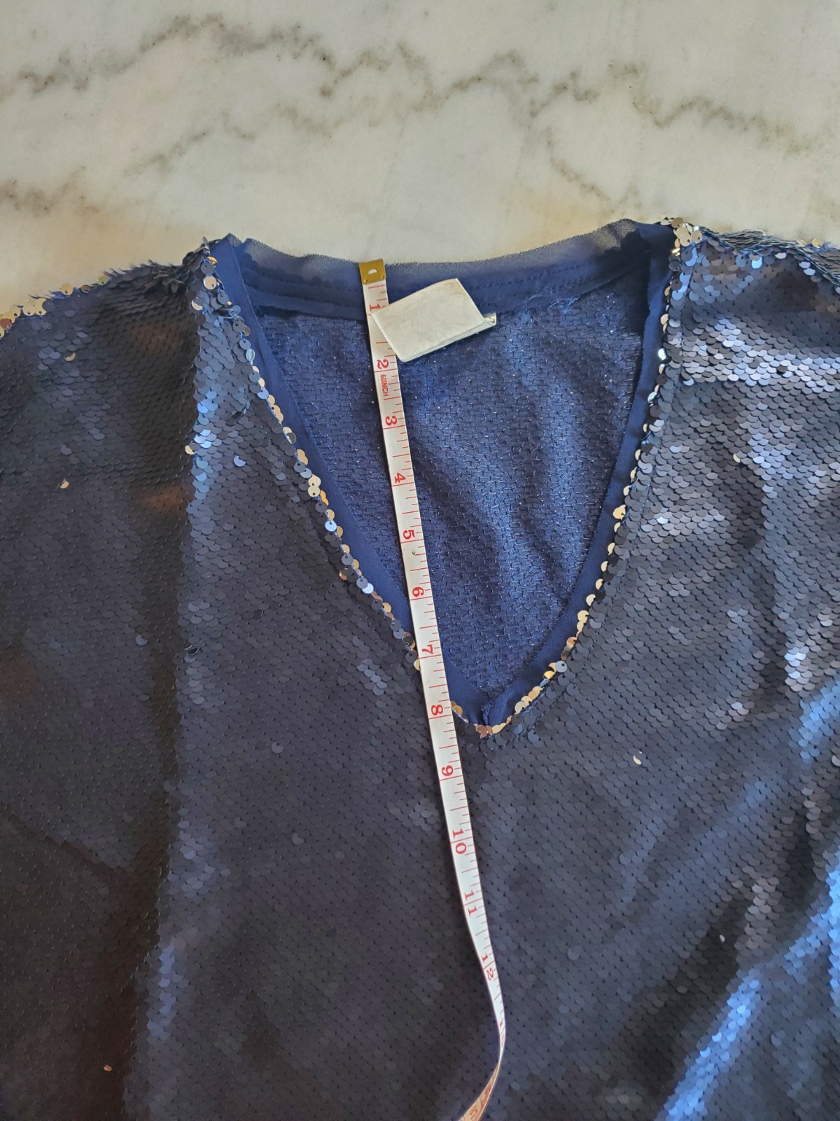 Vocal USA Dark Blue Sequin Chain Sleeve V neck Large Women’s Party Blouse New A4