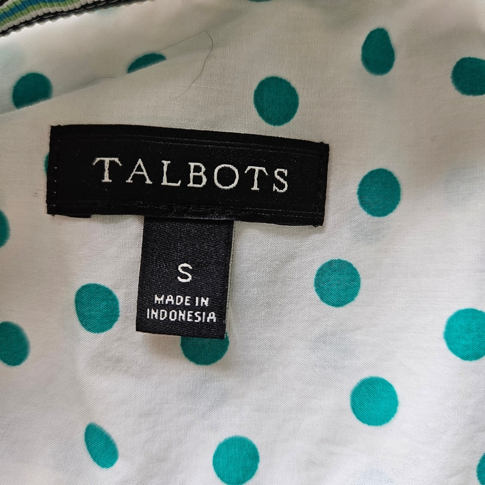 Talbots Polka dot White Teal Button Front Ribbon Trim Cotton Shirt Small Career