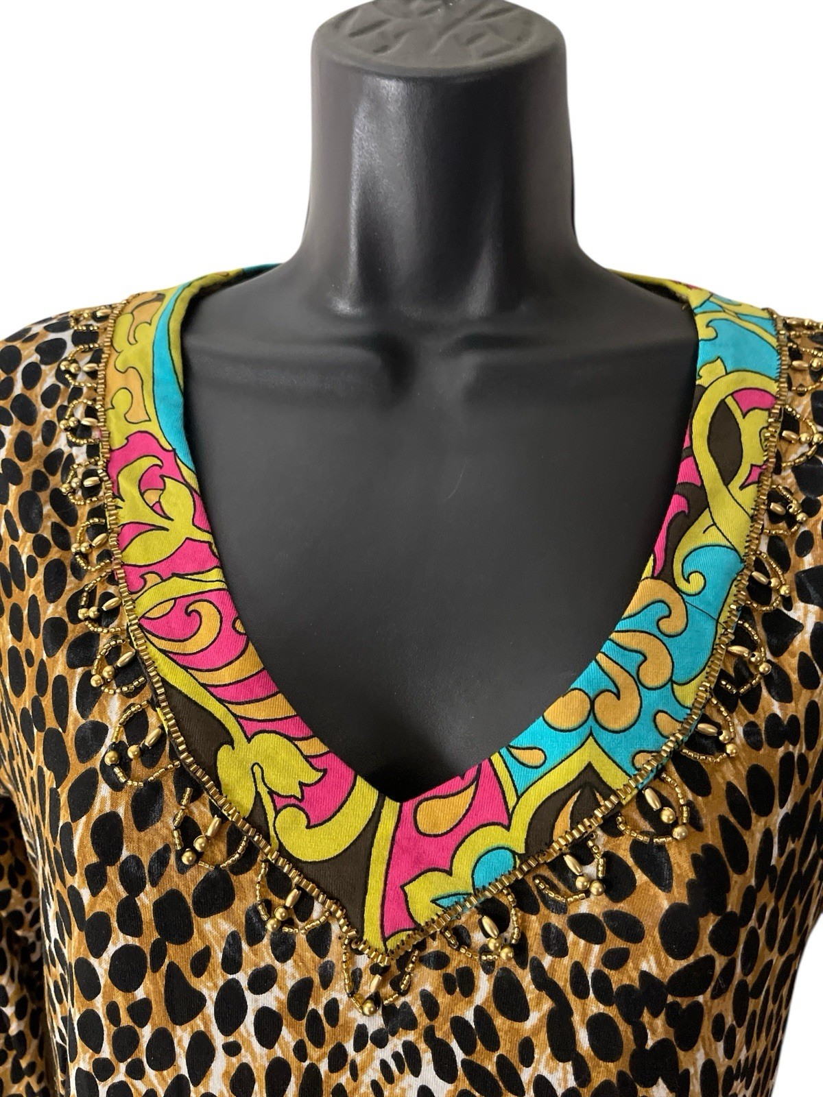 Joyous & Free Top Women S Embellished Tunic V Neck Animal Print Contrast Trim